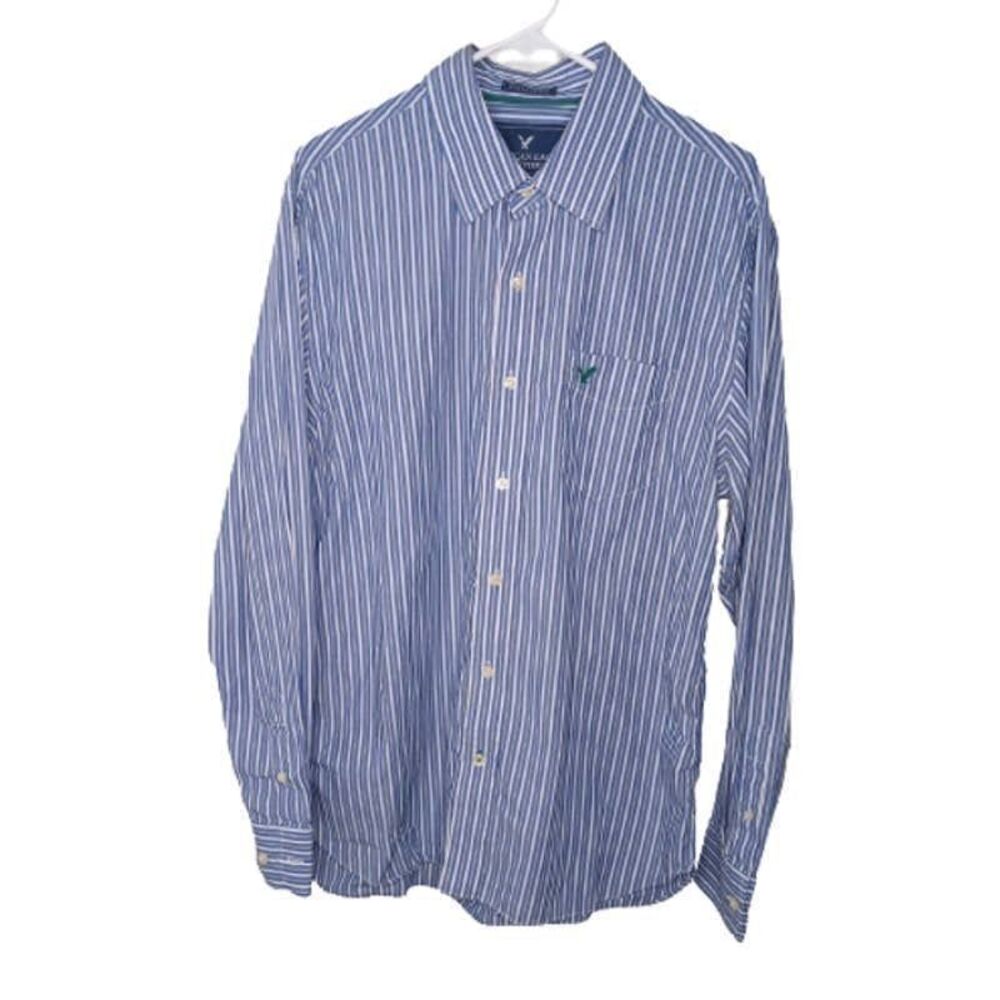 American Eagle White and Blue Stripped Long Sleeve Button Down Shirt Size XLarge